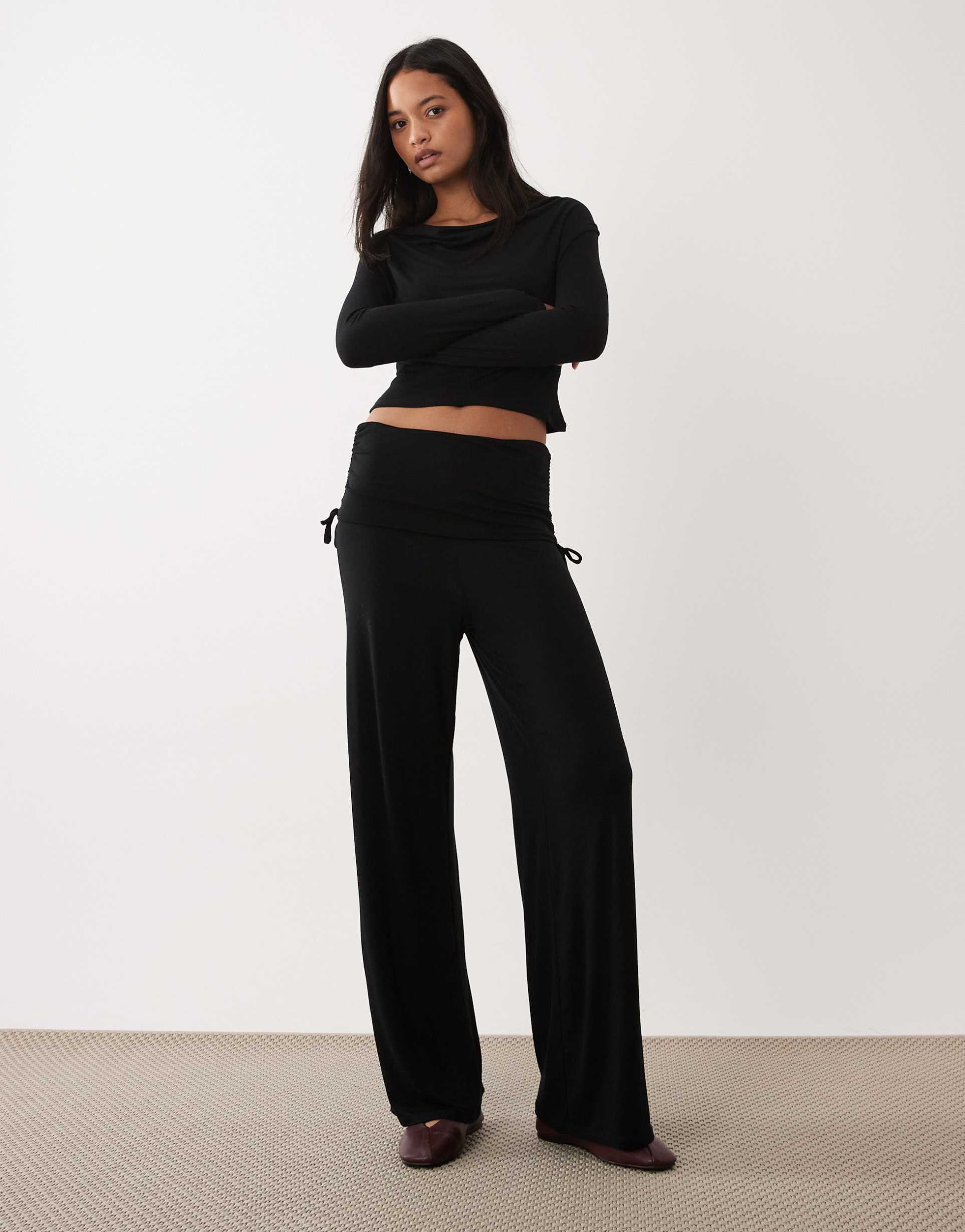 asos design fold back ruched pants in black - part of a set