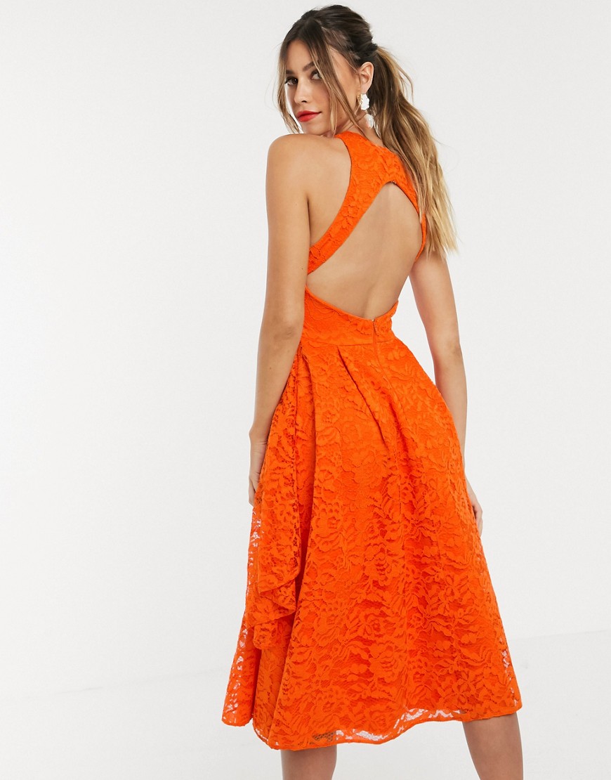 ASOS DESIGN fold detail lace midi prom dress with open back-Orange