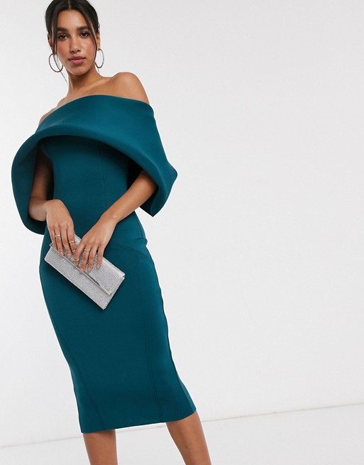 ASOS DESIGN fold front bardot midi pencil dress