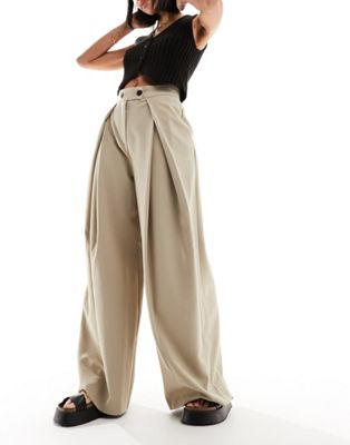 Asos Design Fold Front Wide Leg Pants In Taupe-green
