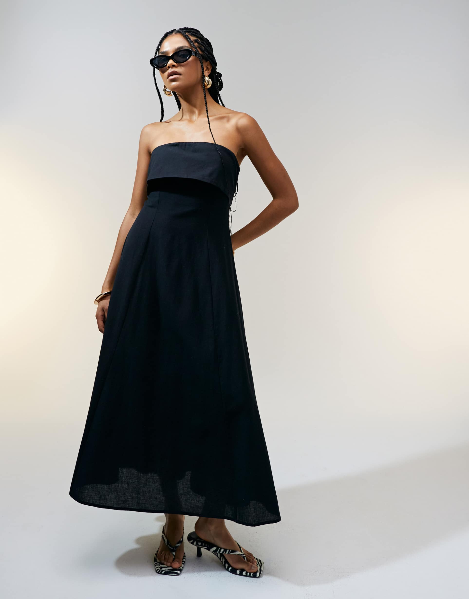 asos design fold over bandeau midi dress in black