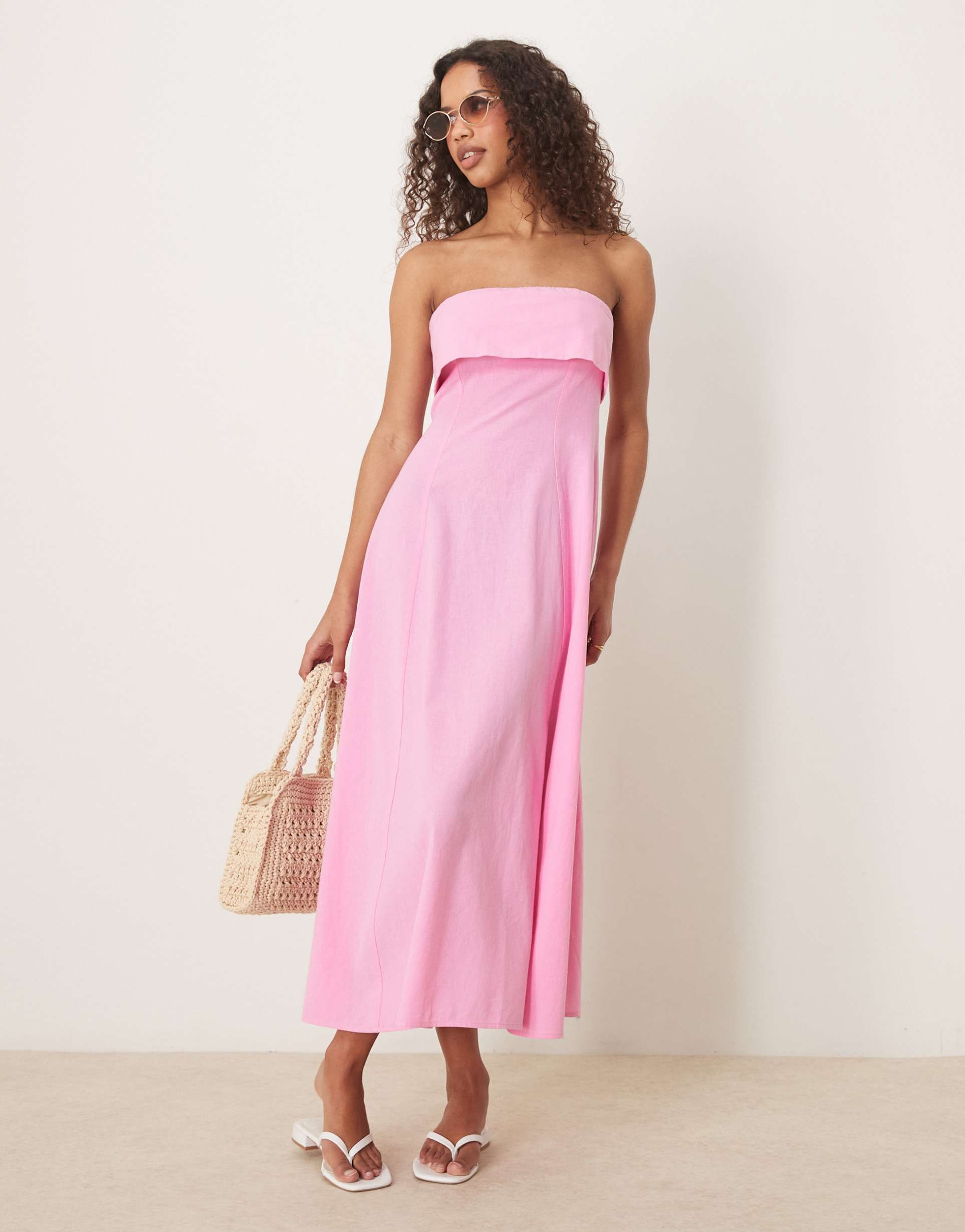 asos design fold over bandeau midi dress in pink