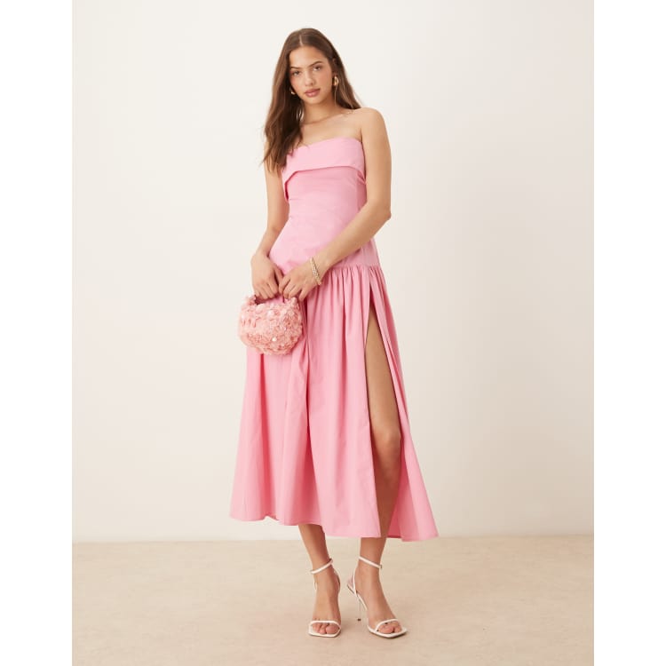 ASOS DESIGN fold over bandeau midi dress with asymmetric detailing in pink  | ASOS