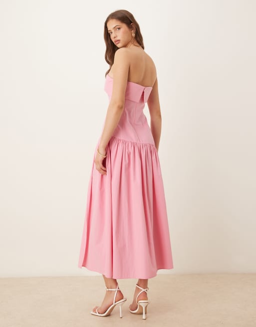 ASOS DESIGN fold over bandeau midi dress with asymmetric detailing in pink