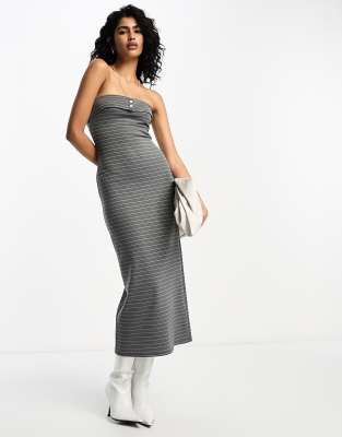 Asos Design Fold Over Bandeau Midi Dress With Button In Gray Stripe