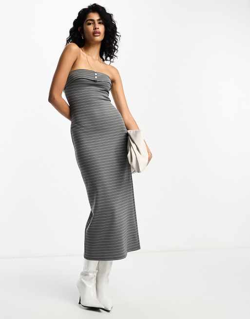 ASOS DESIGN fold over bandeau midi dress with button in gray stripe