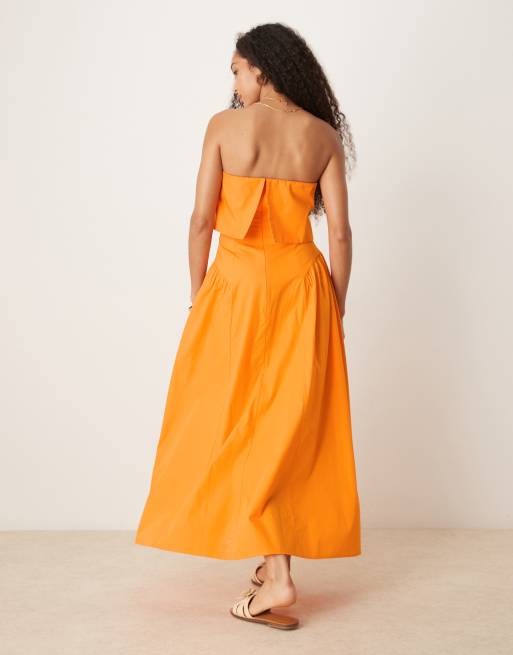 ASOS DESIGN fold over bandeau midi dress with godets in orange