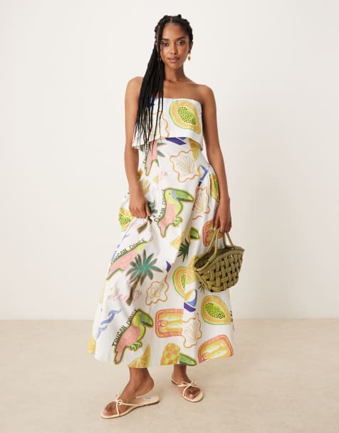 ASOS DESIGN fold over bandeau midi dress with godets in tropical conversational print - view 1