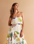 [ASOS DESIGN] ASOS DESIGN fold over bandeau midi dress with godets in tropical conversational print-Multi 10 Tropical Print