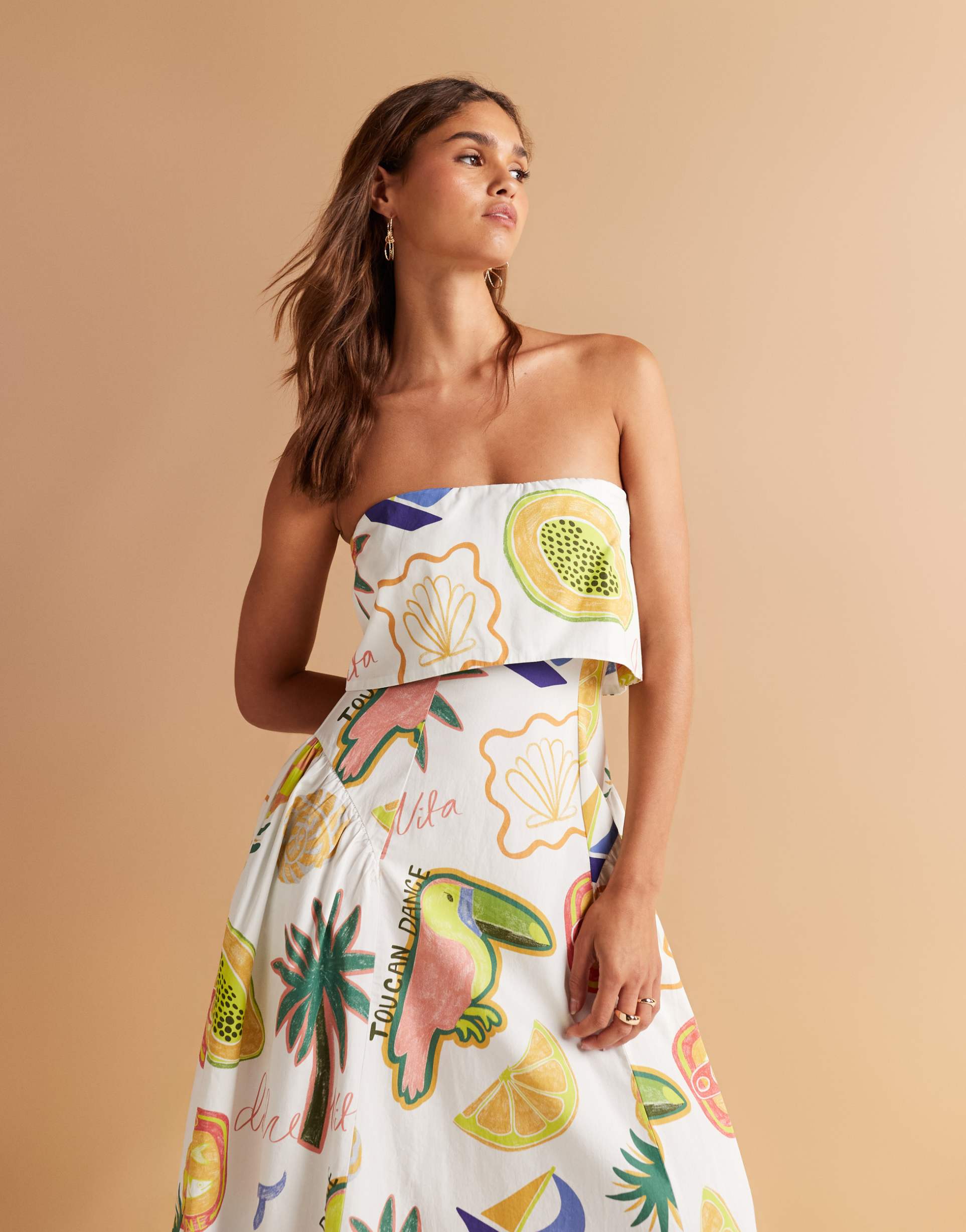 asos design fold over bandeau midi dress with godets in tropical conversational print
