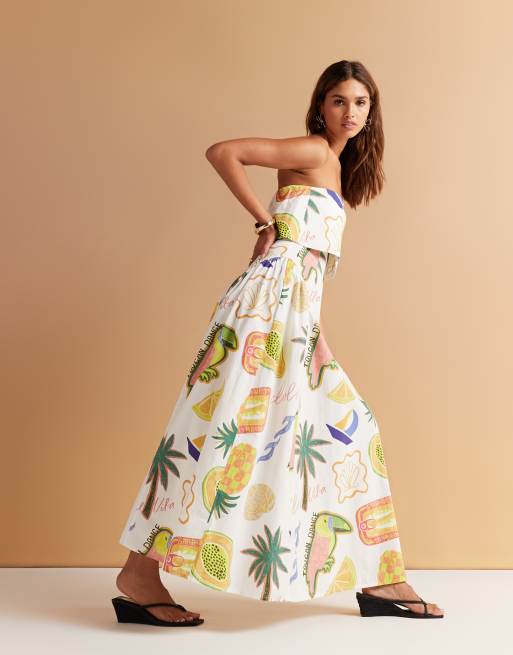 ASOS DESIGN fold over bandeau midi dress with godets in tropical conversational print