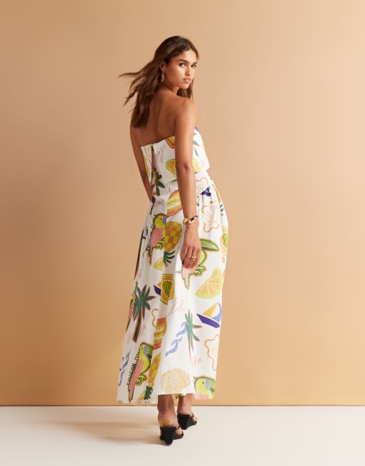 ASOS DESIGN fold over bandeau midi dress with godets in tropical conversational print