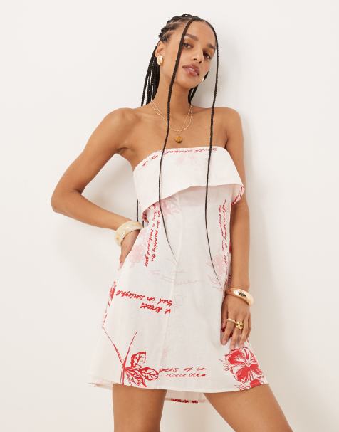 ASOS DESIGN fold over bandeau mini dress in red floral - view 1