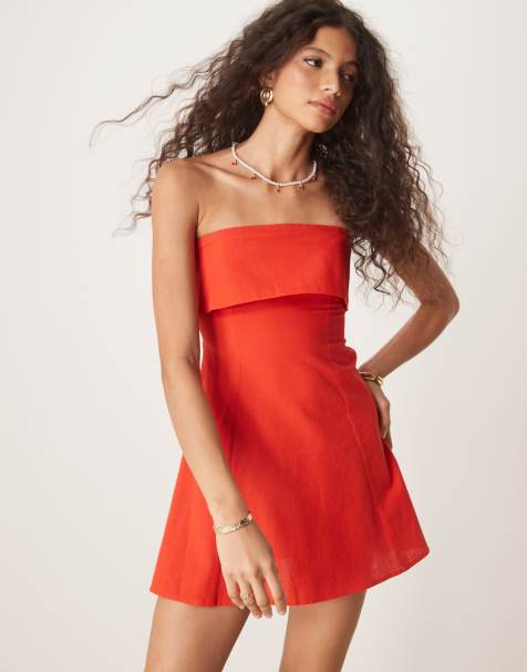 ASOS DESIGN fold over bandeau mini dress in red - view 1