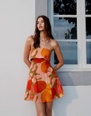 fold over bandeau mini dress in terracotta fruit print-Multi