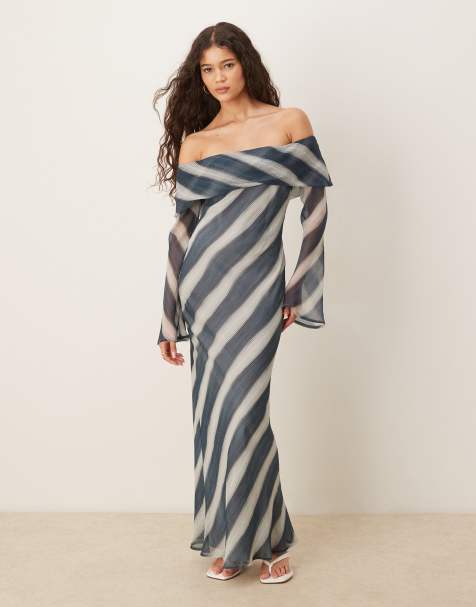 ASOS DESIGN fold over bardot midi dress in blue stripe print - view 1