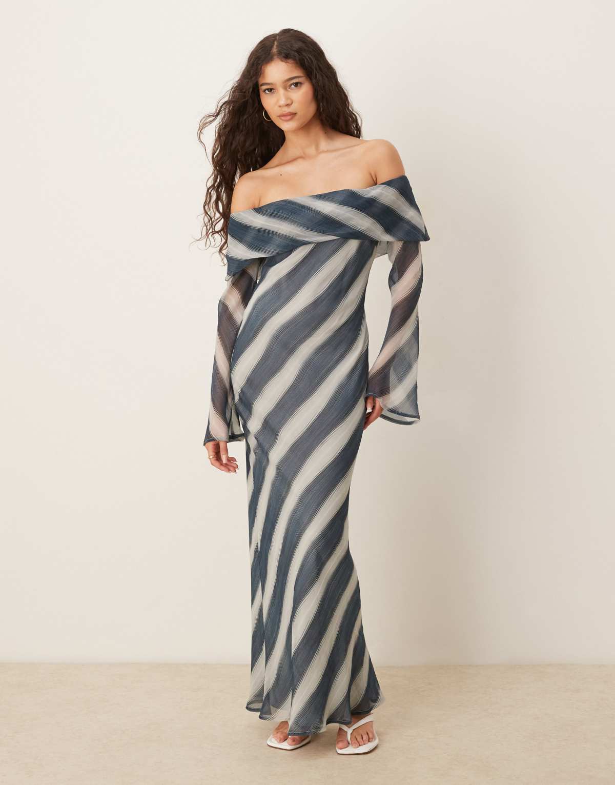 ASOS DESIGN fold over bardot midi dress in blue stripe print