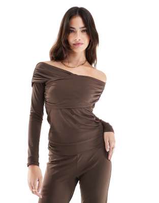 ASOS DESIGN fold over bardot top co ord in chocolate-Brown
