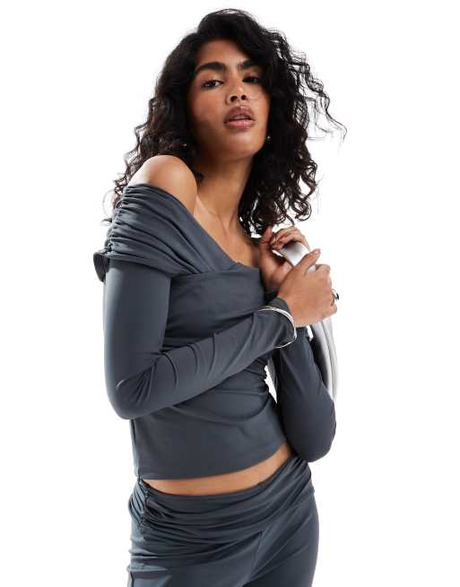 ASOS DESIGN fold over bardot top in slate grey (part of a set)