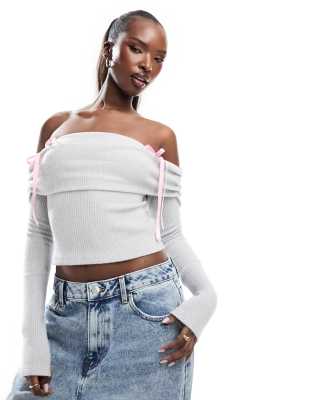 ASOS DESIGN fold over brushed rib bardot top with ribbons in grey marl
