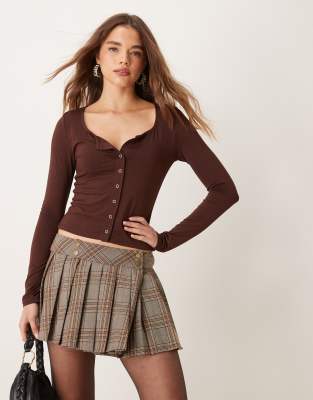 Asos Design Knit Fold Over Off The Shoulder Top In Chocolate Brown