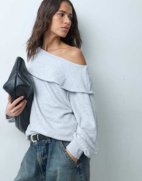 ASOS DESIGN fold over dropped shoulder sweatshirt in gray - view 1