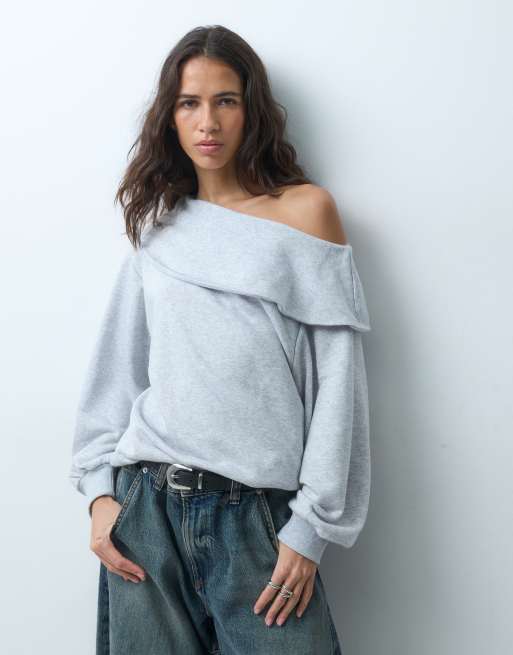 ASOS DESIGN fold over dropped shoulder sweatshirt in grey, 5 of 5