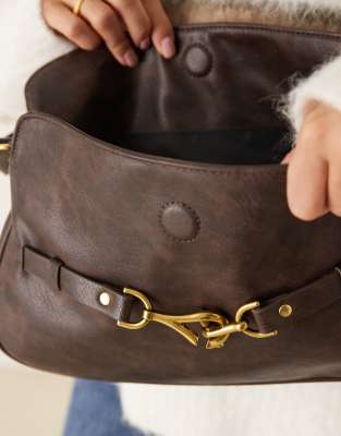 Asos Design Fold Over Flap Shoulder Bag With Hardware Detail In Brown