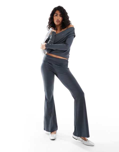 ASOS DESIGN fold over flare leggings in slate grey (part of a set) - view 1