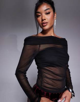 ASOS DESIGN fold-over gathered off-shoulder long sleeve mesh top in black