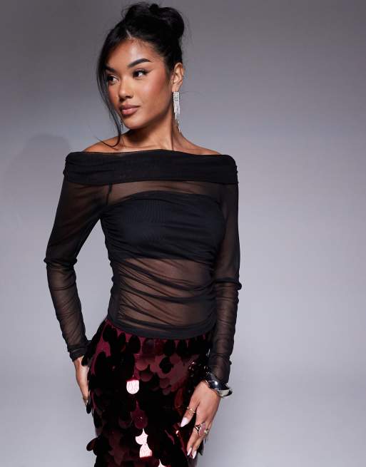 ASOS DESIGN fold-over gathered off-shoulder long sleeve mesh top in black