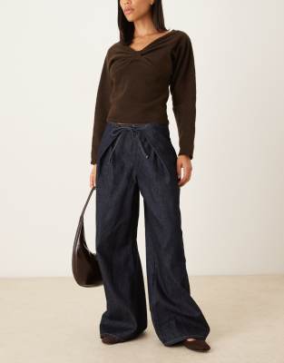 Asos Design Fold-over Jeans With Tie Waist In Brown