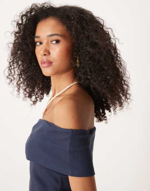 ASOS DESIGN fold over ribbed bardot in navy, 2 of 4