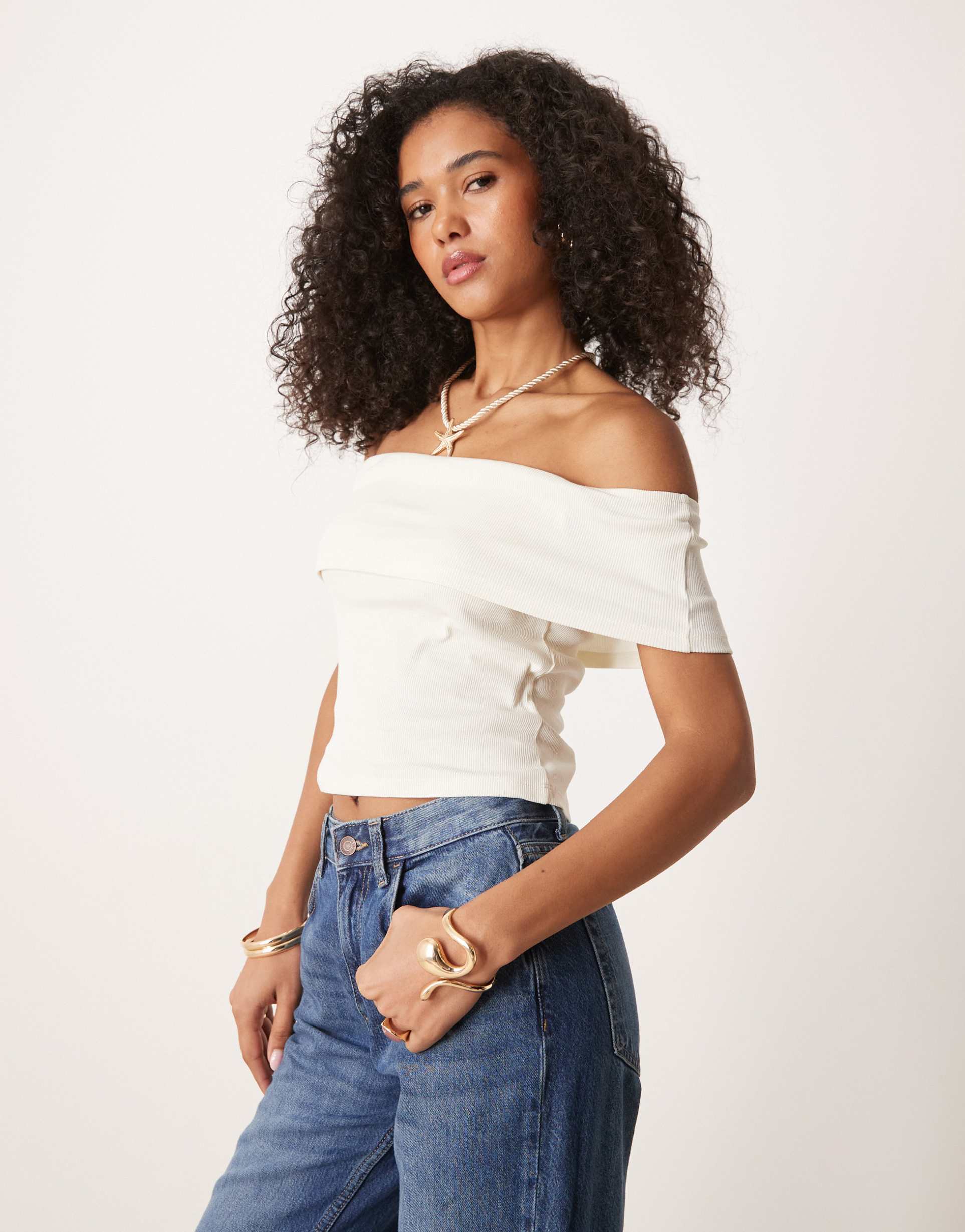 asos design fold over ribbed bardot top in ivory