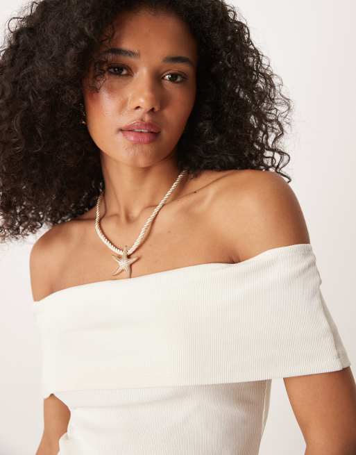 ASOS DESIGN fold over ribbed bardot top in ivory