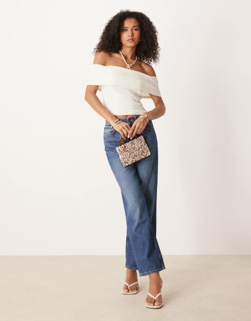 ASOS DESIGN fold over ribbed bardot top in ivory