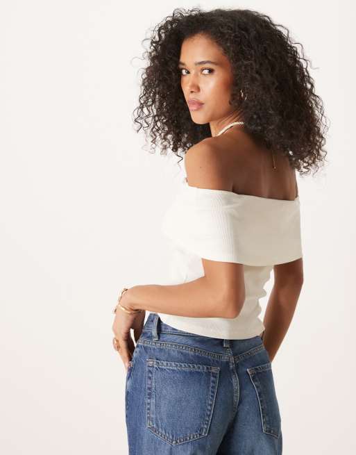 ASOS DESIGN fold over ribbed bardot top in ivory