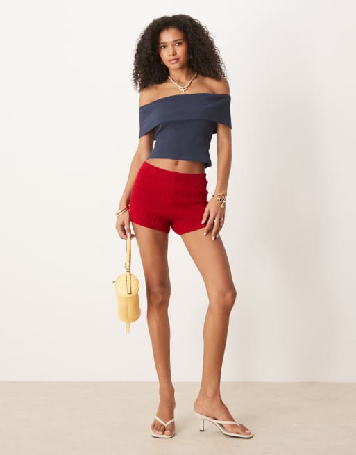 ASOS DESIGN fold-over ribbed bardot top in navy, 3 of 4