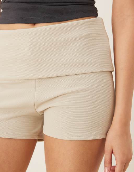 ASOS DESIGN fold over ribbed hot pant shorts in stone, 2 of 5