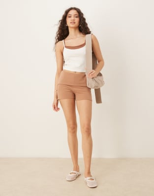 Asos Design Fold Over Ribbed Micro Shorts In Brown