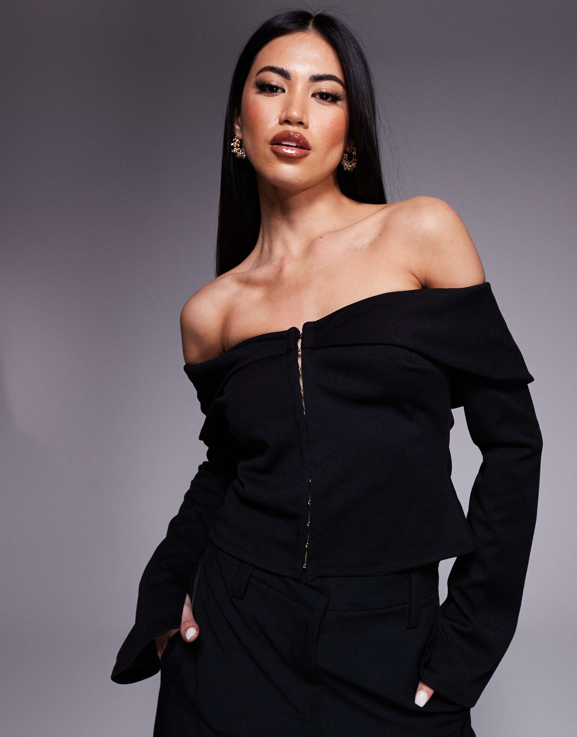 asos design fold over structured bardot top with hook and eye front in black