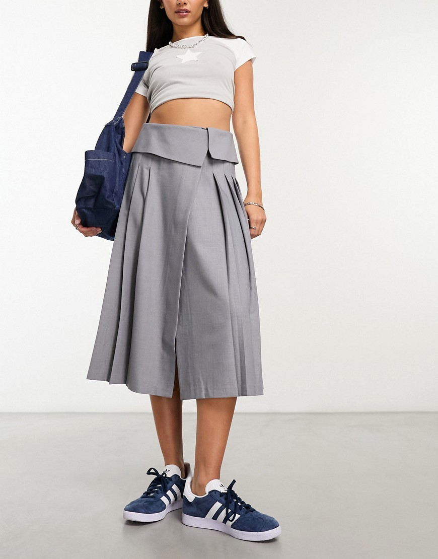 ASOS DESIGN fold over waist pleated skirt in grey