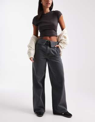 Asos Design Fold-over Waist Wide Leg Pants In Gray