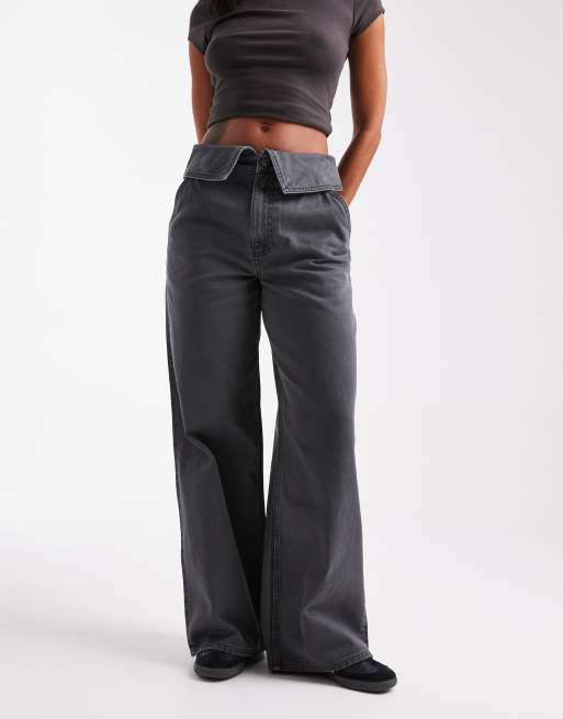 ASOS DESIGN fold-over waist wide leg pants in charcoal