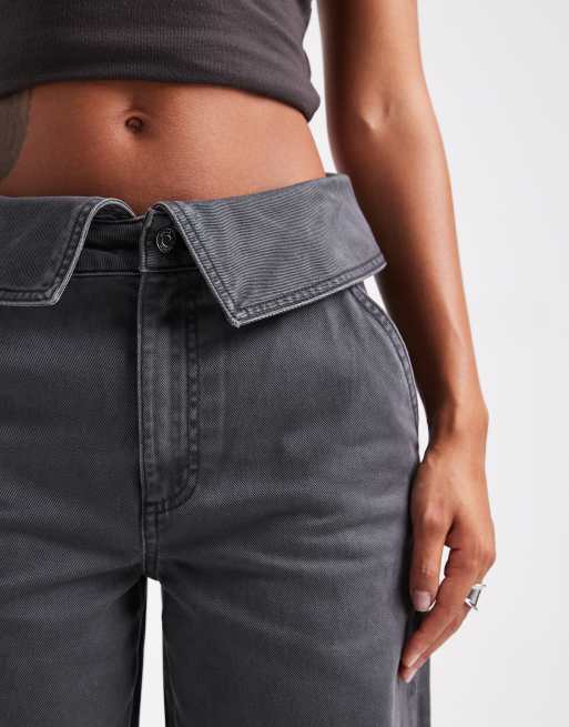 ASOS DESIGN fold-over waist wide leg pants in charcoal