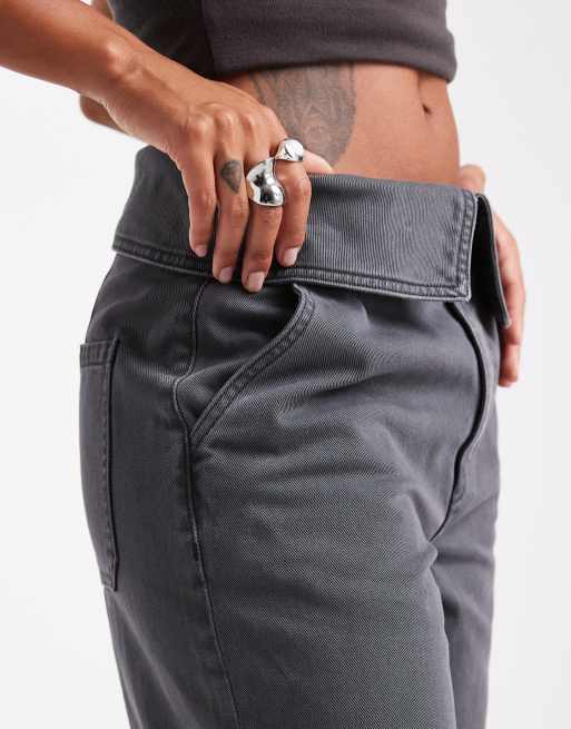 ASOS DESIGN fold-over waist wide leg pants in charcoal