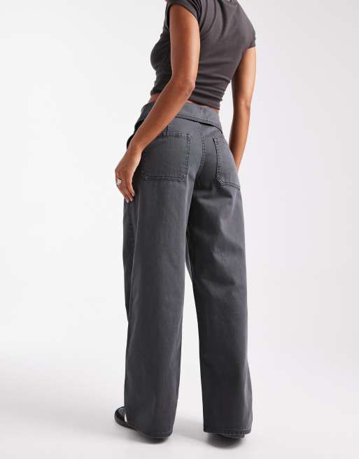 ASOS DESIGN fold-over waist wide leg pants in charcoal