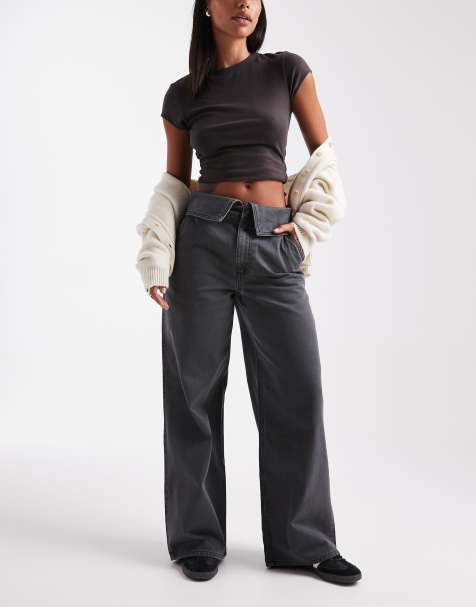 ASOS DESIGN fold over waist wide leg trousers in charcoal - view 1