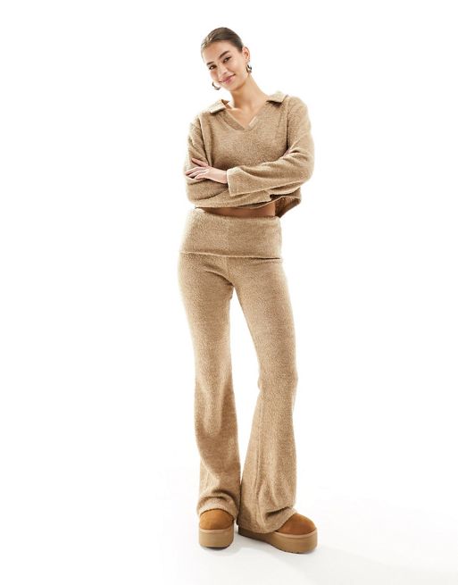 Women's Fold Over Flared Trousers And Top Co Ord Set Beige