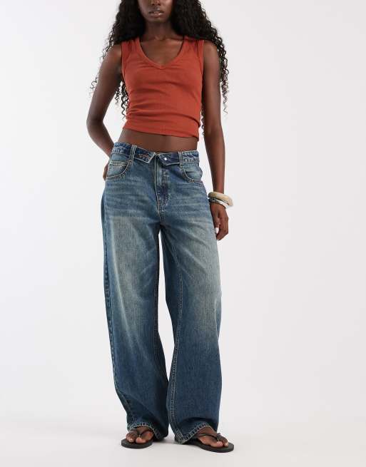 ASOS DESIGN fold over waistband jean in vintage wash, 1 of 5